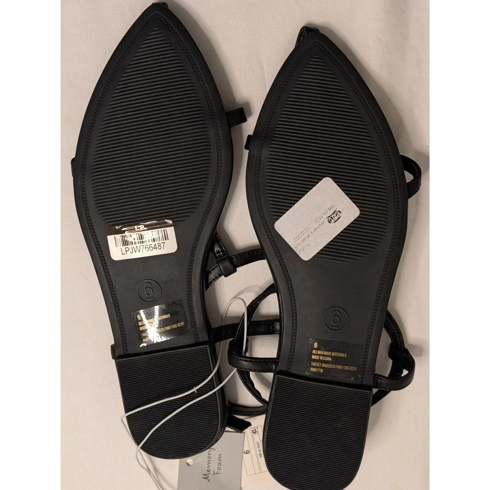 A New Day Mylah Strappy Pointed Toe Flat Sandals Black Memory Foam Womens 6